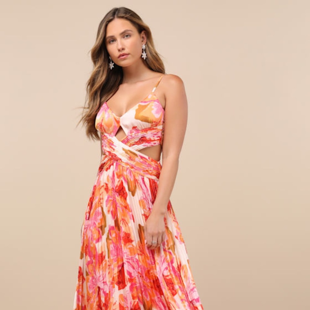 Lulus Lylee Pink Multi Floral Satin Pleated Maxi Dress - Size XL